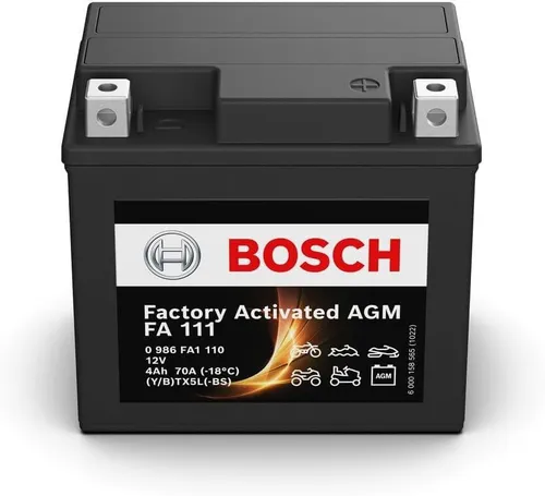 BOSCH FA111 YTX5L-BS Versiegelte Batterie für Derbi GPR/GPR E2 50 - Wartungsfreie Batterie mit kompakten Abmessungen (113 x 70 x 105 mm), ideal für Derbi GPR/GPR E2 50 (2004-2009) und zuverlässig im Einsatz.