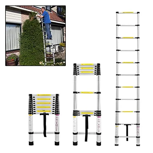 LARS360 Teleskopleiter 3,2 m, Leiter Ausziehbar, Aluminium, 11 Stufen | Sicherer Stand, Flexible Höhe, Platzsparend, Mit Tragegurt und Klettverschluss, Für Haushalt, Werkstatt und Außenbereich