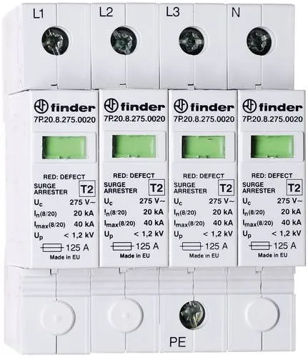 Finder Überspannungsableiter Typ 2, 3-phasig 7P2582750020 - Überspannungsableiter Typ 2 für 3-phasige TN-S-Netze, bietet hohen Schutz mit 40 kA max. Ableitstoßstrom und optischer Defektanzeige, ideal für sichere Elektrosysteme.