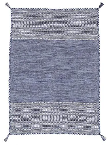 carpetfine Flachgewebeteppich Kelim Azizi Blau 60x110 cm | Moderner Teppich für Wohn- und Schlafzimmer