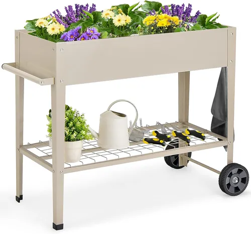 GOPLUS Hochbeet mit Rollen – Flexibles Gartenbeet aus Metall für Terrasse & Balkon - Praktisches Hochbeet mit Rollen (95x40x80 cm) für einfache Umplatzierung. Stabiler Metallrahmen, großzügige Pflanzfläche und untere Ablage für Gartengeräte. Ideal für Blumen, Kräuter und Gemüse.