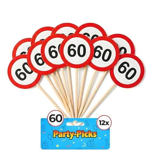 Tiwoca Deko zum 60. Geburtstag – 12 Stück rot-weiße Party-Picks mit Verkehrsschild-Optik Zahl 60 – Ausgefallene Geburtstagsdeko und lustige Geschenkideen für Männer und Frauen