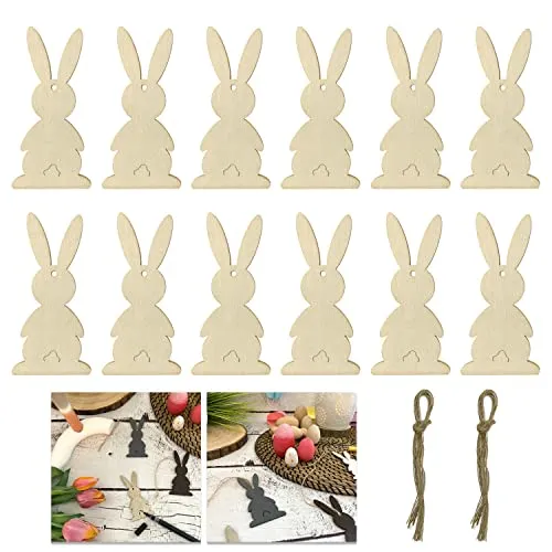 Oblique Unique® Holz Hasen Anhänger 12er Set zum Aufhängen Hängedeko Häschen für Osterstrauß Deko Dekoration aus Echtholz für Ostern zum Basteln und Bemalen