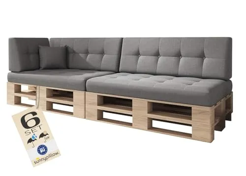 sunnypillow Palettenkissen Kaltschaum 6er Set 120 x 80 Silver - Gartenmöbel-Kissen, UV-beständig und wasserabweisend für höchsten Komfort im Innen- und Außenbereich.