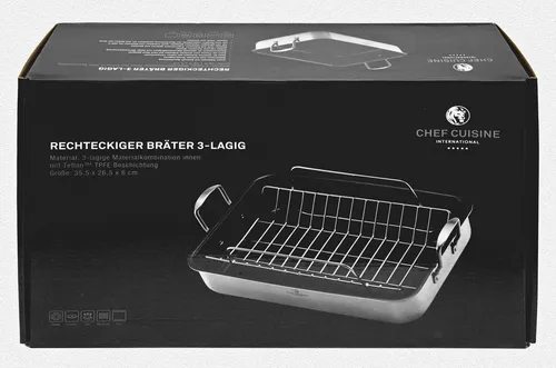 CHEF CUISINE Rechteckiger Edelstahl Bräter groß - 6L, hitzebeständig bis 260°C, mit Antihaft-Beschichtung für einfaches Braten und leichte Reinigung