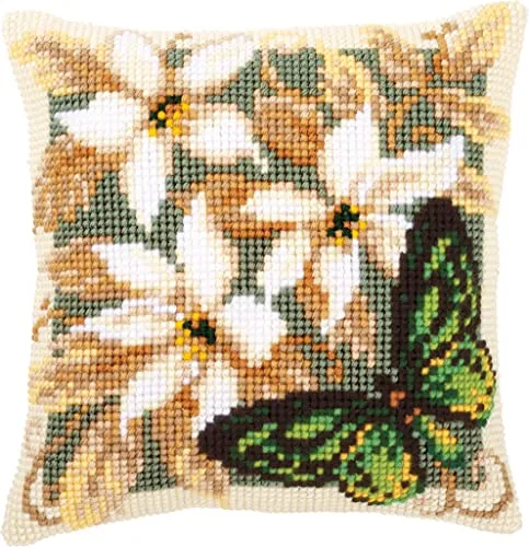 Vervaco Kreativset PN-0146841 Kreuzstichkissen Grüner Schmetterlinge - Kreativkästen mit handgemaltem Stramin und hochwertigem Garn, ideal für kreative DIY-Projekte und entspannendes Sticken.