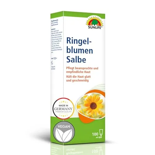 SUNLIFE Ringelblumensalbe 100 ml - Pflegecreme mit Jojobaöl, Vitamin E & Allantoin - Bodycremes für empfindliche Haut - Unsere Ringelblumensalbe pflegt intensiv und schützt mit natürlichen Inhaltsstoffen, ideal für beanspruchte Haut.