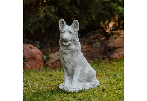 Gartenfigur Deutscher Schäferhund - Steinfigur, H. 42 cm, 17 kg, Frostsicher - Figuren: Wachsamer Deutscher Schäferhund aus Stein, frostfest und ideal für Garten oder Terrasse. Ein Blickfang, der Schutz und Stärke symbolisiert.