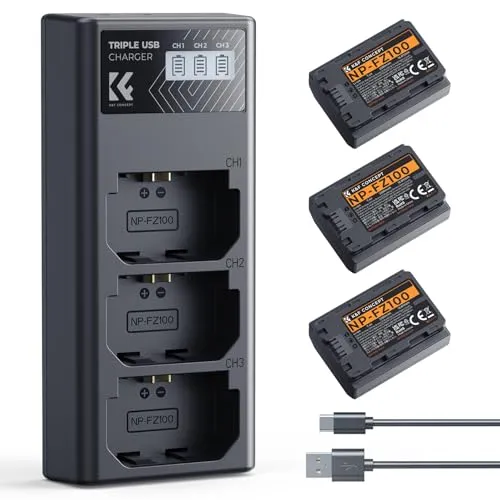 K&F CONCEPT NP-FZ100 Kamera Akkus(3er Pack) mit 3-Slot Ladegerät,2280mAh Batterie für Sony Alpha A7III,A7IV,A7R III/A7R3,A7RIV,A7RV,A7C,A7S III/A7S3,A9,A9II,A6600,A9R,A9R,9S,FX3,FX30,ZV-E1,ZV-E10ii