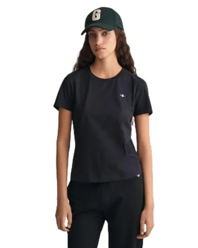 GANT Damen Reg Shield Ss T-Shirt, Schwarz, S - T-Shirt für Damen mit normaler Passform, aus weichem Single Jersey und grafischer Gant Stickerei auf der Brust, ideal für lässige Looks.