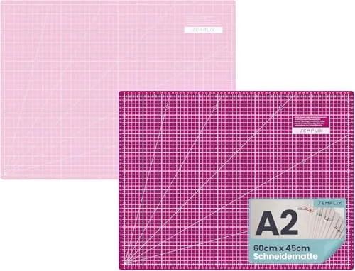 SEMPLIX Selbstheilende Schneidematte A0-A4 - Grün, Rosa, Grau, Türkis, Lila - Ideal fürs Basteln, Nähen & Patchworken - Beidseitig Bedruckt - Vorderseite cm Rückseite inch Bemaßung (Beere-Rosa, A2)