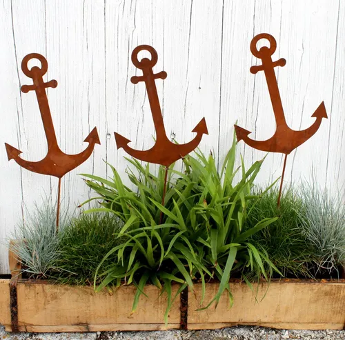 LB H&F Lilienburg Gartenstecker 3er SET Gartenstecker Gartenfigur Gartendeko Rost Anker (Vintage industrial Metall Dekostecker Dekofigur Teich Gartenteich Metalldeko Topfstecker Beetstecker Blumenstecker Schiffsanker Metallstecker Skulptur Geschenk Hochzeitsgeschenk Edelrost Roststecker maritim zum Stecken Blumenkübel Blumenstab Rostfigur Nordsee Ostsee Hygge Scandi)
