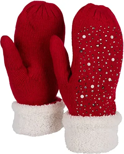 styleBREAKER Damen warme Winter Strick Fäustlinge mit Strass und Perlen, Handschuhe, Thermo Fleece, Strickhandschuhe 09010039, Farbe:Rot