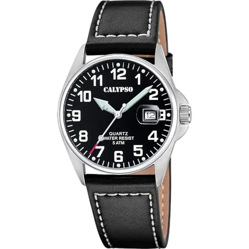 CALYPSO Casual Watch K5870/4 - Elegante Armbanduhr für Herren - Armbanduhren für Herren mit einem stilvollen Edelstahlgehäuse und einem bequemen schwarzen Lederarmband, ideal für den täglichen Gebrauch.
