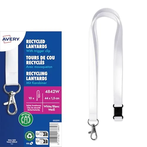 AVERY Zweckform 4842W Lanyard 10 Stück (44x1,5cm, Kartenhalter mit Karabinerhaken-Sicherheitsverschluss, Schlüsselband für Ausweishülle, Kartenhülle, Namenschilder, Umhängeband, Nackenband) weiß
