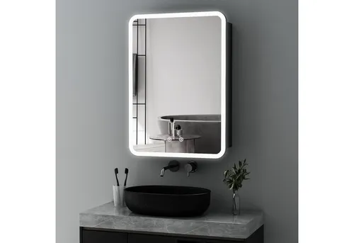 WDWRITTI Spiegelschrank Schwarz mit beleuchtung Hängeschrank 3Lichtfarben Dimmbar Anti-fog (Badezimmerspiegelschrank mit LED mit / ohnne Rasiersteckdose, Speicherfunktion, 1 türen 50x70cm, 40x60cm, Doppelseitiger Spiegel, Alu-Schranktür) Full Surround Light Strip, mit Netzadapter