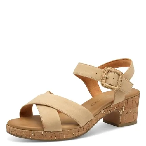 MARCO TOZZI Damen Sandalen mit Absatz Runde Spitze mit Schließe, Braun (Biscuit), 41 EU