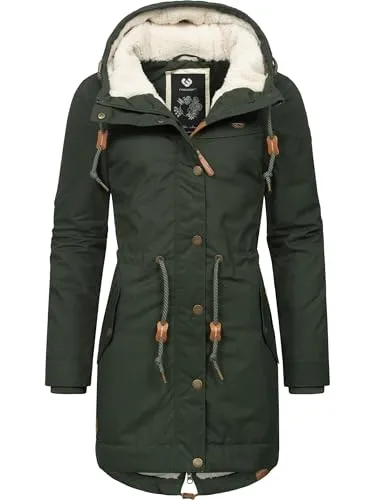 Ragwear Damen langer Mantel YM-Canny Dark Olive 3XL - Stylischer, gefütterter Damenmantel mit Kapuze und kuscheligem Innenfutter. Ideal für kalte Tage, wasser- und windabweisend, mit praktischen Taschen und variablem Taillenzug für eine individuelle Passform.