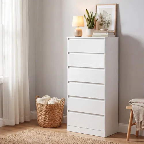 VASAGLE Kommode mit 6 Schubladen, moderner Aufbewahrungsschrank in Weiß - Elegante weiße Kommode mit 6 geräumigen Schubladen für optimale Aufbewahrung. Platzsparendes Design ideal für kleine Räume; robuste Materialien und Kippschutz gewährleisten Sicherheit und Stabilität.