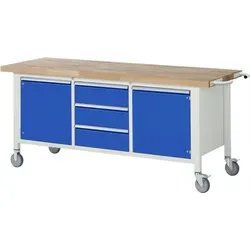 Rau Fahrbare Werkbank Modell 8569 BxTxH 2000x700x880mm - Rollwerkbank mit robuster Buche-Massiv-Platte und bis zu 450 kg Flächenlast, ideal für Werkstätten und Heimwerker. Lieferung komplett montiert, Made in Germany.