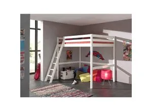 Hochbett Kiefer massiv 140 x 200 cm, weiß - Kinderzimmermöbel: Hochbett aus massivem Kiefernholz, weiß lackiert – perfekt für kleine Räume und bietet viel Funktionalität.