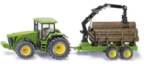 SIKU Traktor mit Forstanhänger - John Deere 8430 - Traktoren-Spielzeug für Kinder, robustes Modell mit beweglichem Kran und Greifer für realitätsnahes Verladen von Baumstämmen, ideal für kleine Abenteurer ab 3 Jahren.