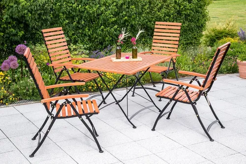 MERXX Garten-Essgruppe Schloßgarten beige - Gartenmöbel-Set mit 4 verstellbaren Stühlen und einem eleganten Tisch aus Eukalyptus, ideal für entspannte Stunden im Freien.