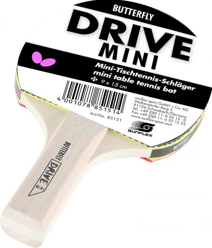 Butterfly Tischtennisschläger Drive MINI - Kompakt und leistungsstark - Der Butterfly Drive MINI Minitischtennisschläger ist ideal für Kinder und Einsteiger. Mit Schwamm und Belag in handlicher Größe von 15x9 cm. Perfekt für den Spielspaß!