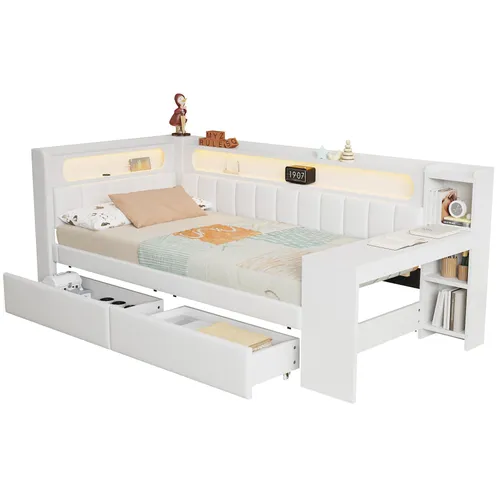 SOFTWEARY Hochbett mit Schreibtisch und Kleiderschrank - Platzsparendes Metallhochbett (90x200 cm) mit integriertem Schreibtisch und Rausfallschutz – ideal für kleine Räume und kreatives Arbeiten.