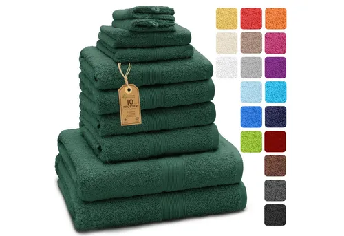 Frottier Handtuch-Set, 10-teilig, Dunkelgrün - Hochwertiges 10-teiliges Frottier Handtuch-Set aus 100% Baumwolle. Besonders weich und saugstark mit praktischen Aufhängeschlaufen. Pflegeleicht und langlebig, ideal für den täglichen Einsatz im Bad.