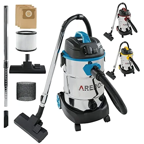 Arebos Industriestaubsauger 1600W | Nass- & Trockensauger | Aschesauger für Kamin & Grill | Mehrzwecksauger Wasser-Staubsauger | Werkstattsauger mit und ohne Beutel | 30 L Behälter | Blau