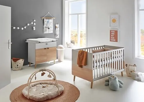 Arthur Berndt Babyzimmer Set Lovis, 2-teilig, Wickelkommode mit Soft-Close, Babybett 70x140 cm, Lichtgrau, Nagano Oak, Höhenverstellbar