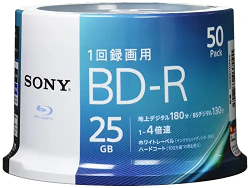 Sony 50BNR1VJPP4 Disque Vierge Blu-Ray BD-R 25 Go 50 pièce(s) - Disques Vierges Blu-Ray (BD-R, 25 Go, 120 mm, 4X, Fuseau, 50 pièce(s))
