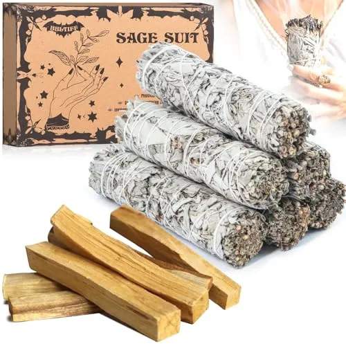 BBLTIFF 12 Stück Räucherset, 6 Stück Weißer Salbei und 6 Stück Palo Santo, Salbei Räuchern, Weißer Salbei zum Räuchern, Ideal für Ausräuchern Negative Energie, Fördert die Meditation Rituale