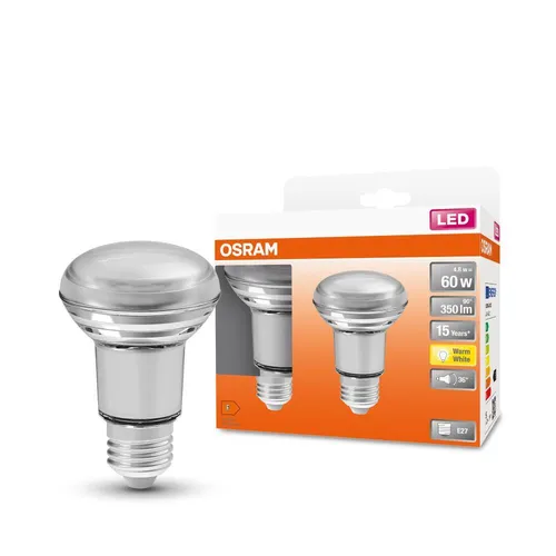 OSRAM LED Leuchtmittel SR6360 E27 4,3W (2 St.) - Energiesparlampen mit 2x 4,3W, warmweiß 2700K, sofort 100% Licht, ideal für Museen und Wohnräume, Lebensdauer bis zu 15.000 Stunden.