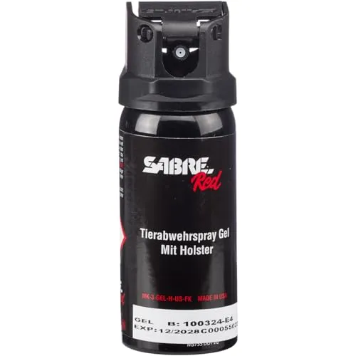 Sabre Abwehrspray Tactical Gel mit Holster - Pfefferspray & KO-Spray mit UV-Markierungsfarbstoff, Reichweite bis 5,5 Meter und bis zu 18 Sprühstößen - ideal für Selbstverteidigung.