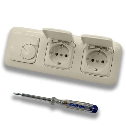 Halmburger UP Raumthermostat Raumtemperaturregler RTR-76cg in Busch Jäger DURO2000 cremeweiß Rahmen 2513-212 + 2X Klappsteckdose 20EUK-212 + EBROM Phasenprüfer zur Montage der Geräte RTR-76 (cg)