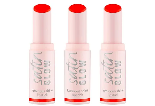 Essence Lippenstift SATIN GLOW LUMINOUS SHINE LIPSTICK, 3-tlg., Satin-Finish, langanhaltend, Farbintensiv, hohe Deckkraft