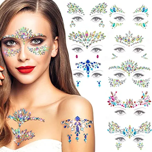Set Glitzersteine Gesicht Festival Outfit, Glitzersteine Selbstklebend Rave Strasssteine Temporäre Tattoos Schmucksteine Glitzer Gesicht Kristall Juwelen für Schminke Party Karneval Halloween 8