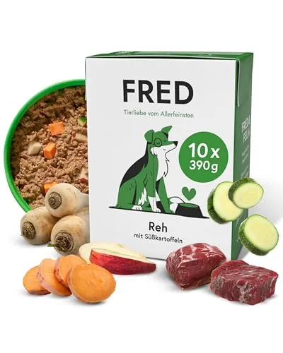 FRED & FELIA FRED Reh mit Süßkartoffeln (10er Pack) - Feinstes Nassfutter für Hunde mit hochwertigem Rehfleisch und Süßkartoffeln. Getreidefrei, sensitiv und hypoallergen – ideal für empfindliche Mägen. Hergestellt in Bayern mit besten Zutaten für höchste Qualität.