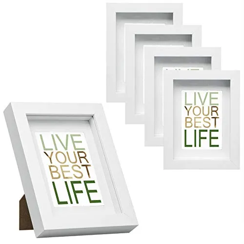 EUGAD 5er Set Bilderrahmen Fotogalerie, tiefer Rahmen für Objekte bis 1,5 cm, Holzrahmen mit Papier-Passepartout, mit Glasscheibe, 3D Objektrahmen, Weiß, 13x18cm