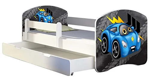 Kinderbett Jugendbett mit einer Schublade und Matratze Weiß ACMA II 140 160 180 40 Design (140x70 cm + Bettkasten, 05 Blaue Auto