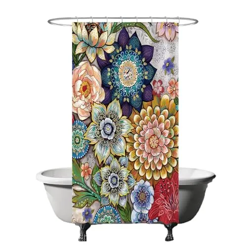 Ulticool Duschvorhang - Bunte Blumen Natur Kunst - 120 x 200 cm – Waschbar – Anti Schimmel - Wasserdicht - mit 8 Ringe - Rot Grün Blau Braun Gelb