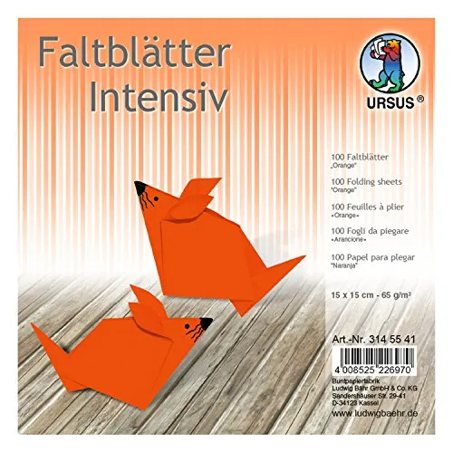 Ursus 3145541 - Faltblätter Uni intensiv, orange, ca. 15 x 15 cm, 65 g/qm, 100 Blatt, aus Plakatpapier, durchgefärbt, für kleine und große Origami Künstler, ideal für vielseitige Bastelarbeiten