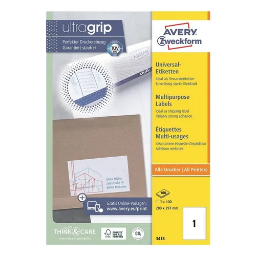 AVERY Zweckform 3418 Universal Etiketten - 100 selbstklebende Versandetiketten - 100 weiße, bedruckbare Etiketten im Format 200x297mm, ideal für universelle Beschriftungen. Mit innovativer ultragrip-Technologie für optimalen Druckereinzug und gestochen scharfem Druckbild.