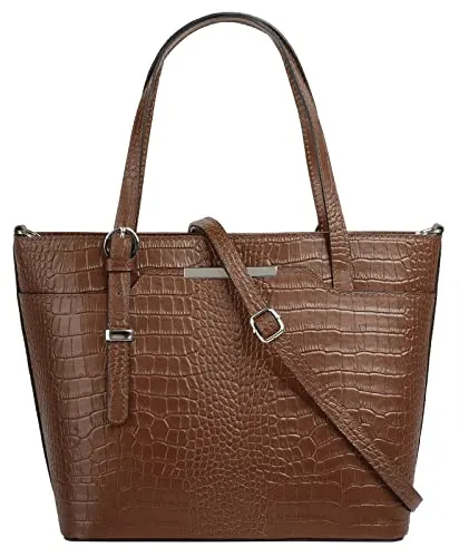 Henkeltasche CLUTY, Damen, Leder in Cognac - Elegante Handtasche aus echtem Leder mit Reptilienprägung. Ideal für stilbewusste Frauen, bietet sie viel Platz und praktische Fächer für Smartphone und persönliche Gegenstände. Made in Italy.
