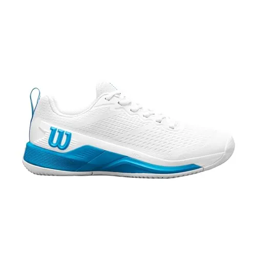 Wilson Rush PRO 4.5 OZ Tennisschuh - Weiß/Atomic Blue, Größe 46 2/3 EU - Tennisschuhe für Hart- und Sandplätze, bieten Komfort durch sockenähnliche Passform und explosive Beschleunigung dank EVA-Zwischensohle. Ideal für schnelle Bewegungen und optimale Kontrolle.