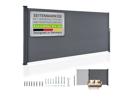 Juskys Seitenmarkise Dubai 500 x 160 cm - Ausziehbare blickdichte Seitenmarkise für Garten und Terrasse, modernes Design, wetterfest und individuell anpassbar für optimalen Sichtschutz.