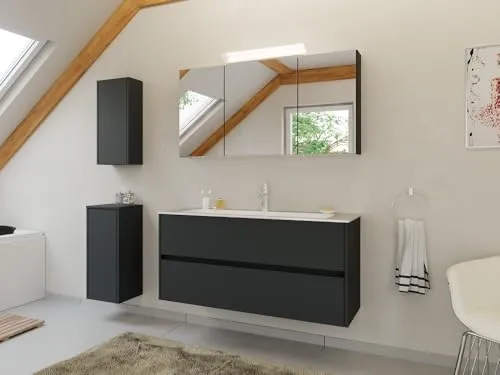 Magnolia Home Badmöbel Set Taifun 4tlg. 120 cm mit Spiegelschrank & 2X Badschrank in Grafit - Elegantes 4-teiliges Badmöbel Set mit Spiegelschrank und zwei Badschränken, ideal für eine stilvolle Badezimmergestaltung. Praktische Stauraumlösungen in modernem Design.