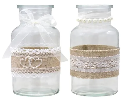 Produktbild ZauberDeko 2 Vasen Gläser Spitze Creme Hochzeit Vintage Tischdeko Natur Jute Deko